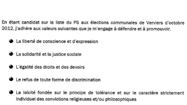 Cette charte des valeurs a été envoyée par le PS de Verviers à tous ses militants.