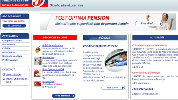 Copie d'écran du site de la Banque de la Poste