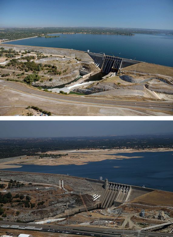 Vues du barrage du Lac de Folsom le 20 juillet 2011 et le 19 août 2014.